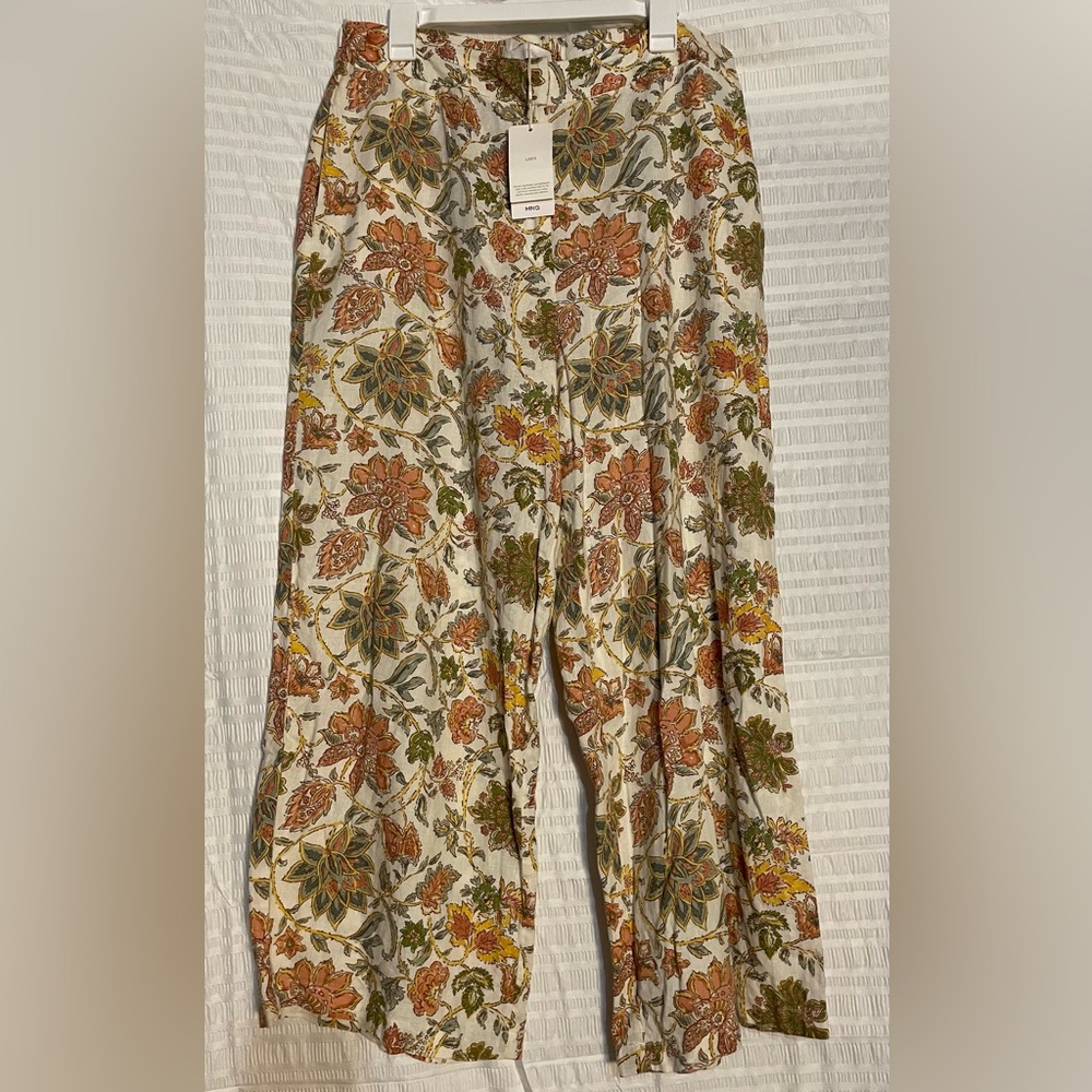Mango Wide-Leg Floral Print Pants in Cream, Rust & Olive